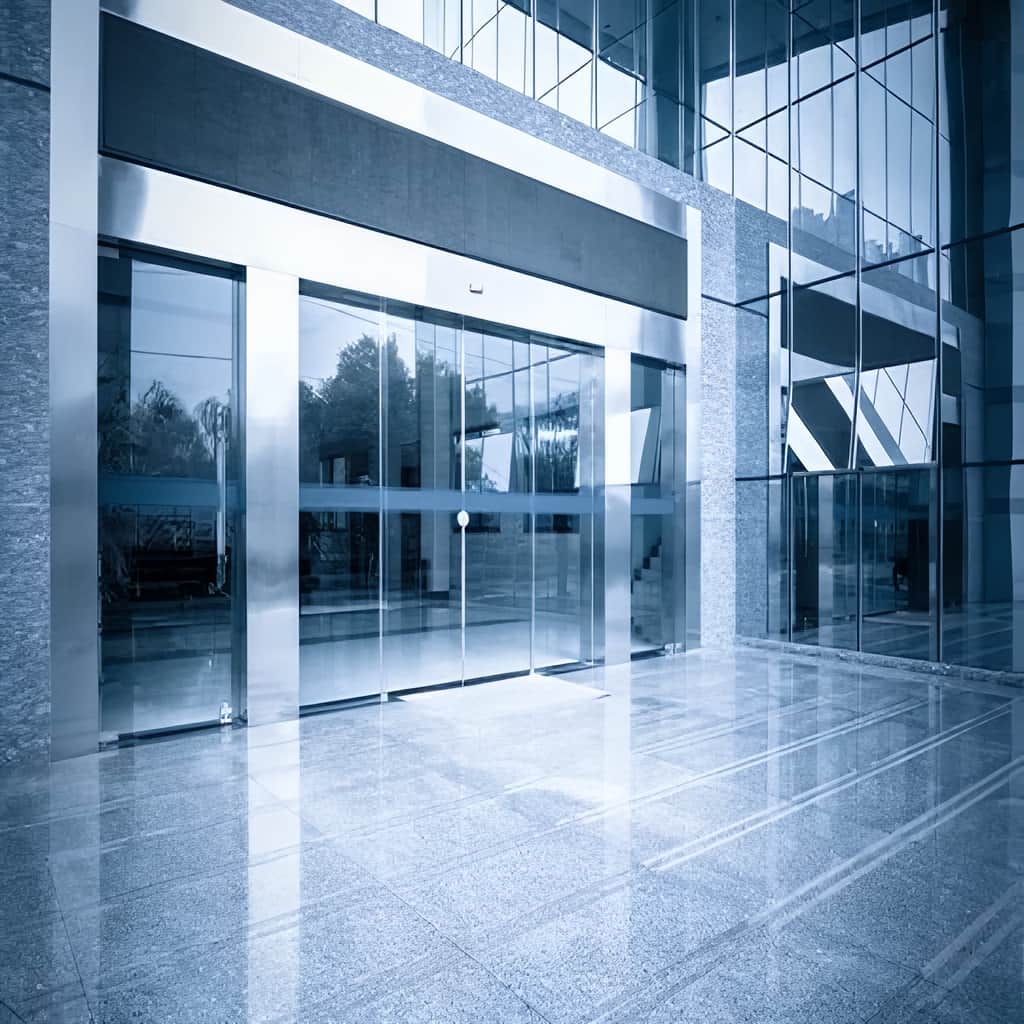 درب شیشه ای اتوماتیک کشویی دو لت با سنسور عبور دقیق