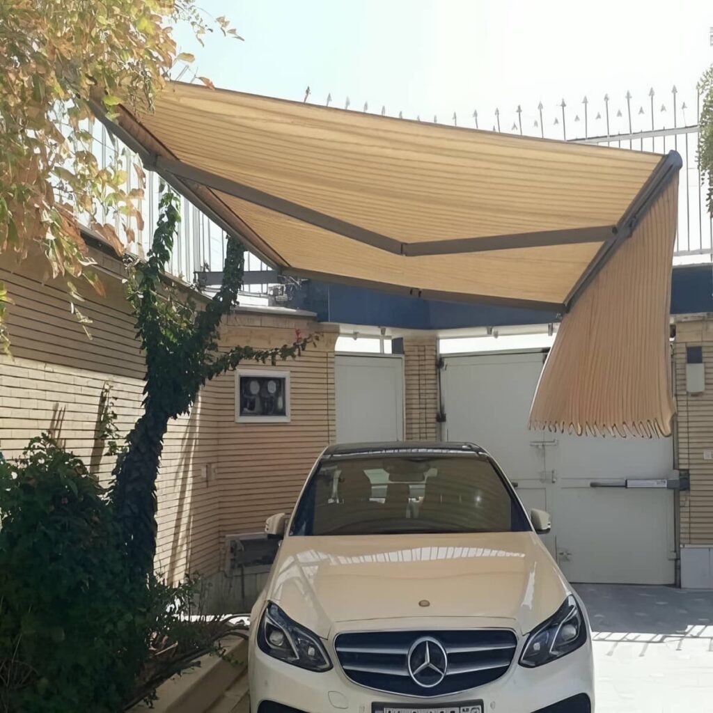 سایبان بازویی ساختمانی با پوشش مقاوم در برابر شرایط محیطی