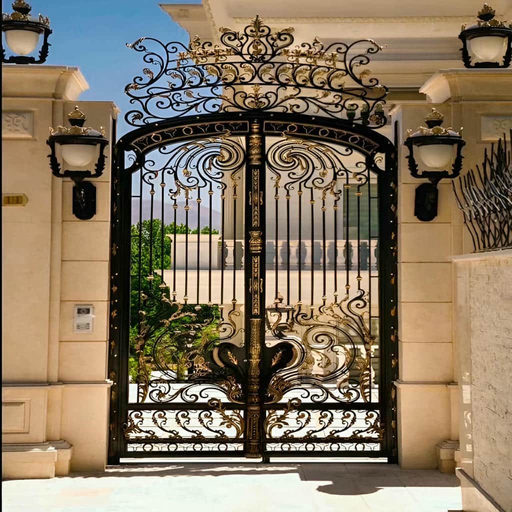 درب حیاط دو لنگه روشن کنار نمای سنگی