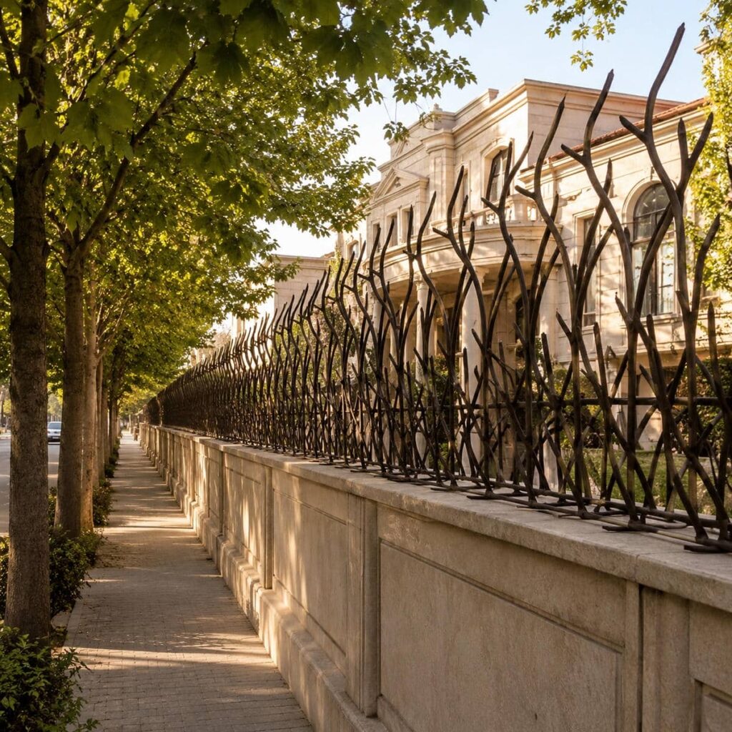 نرده سرنیزه‌ای مشکی روی حصار ویلایی