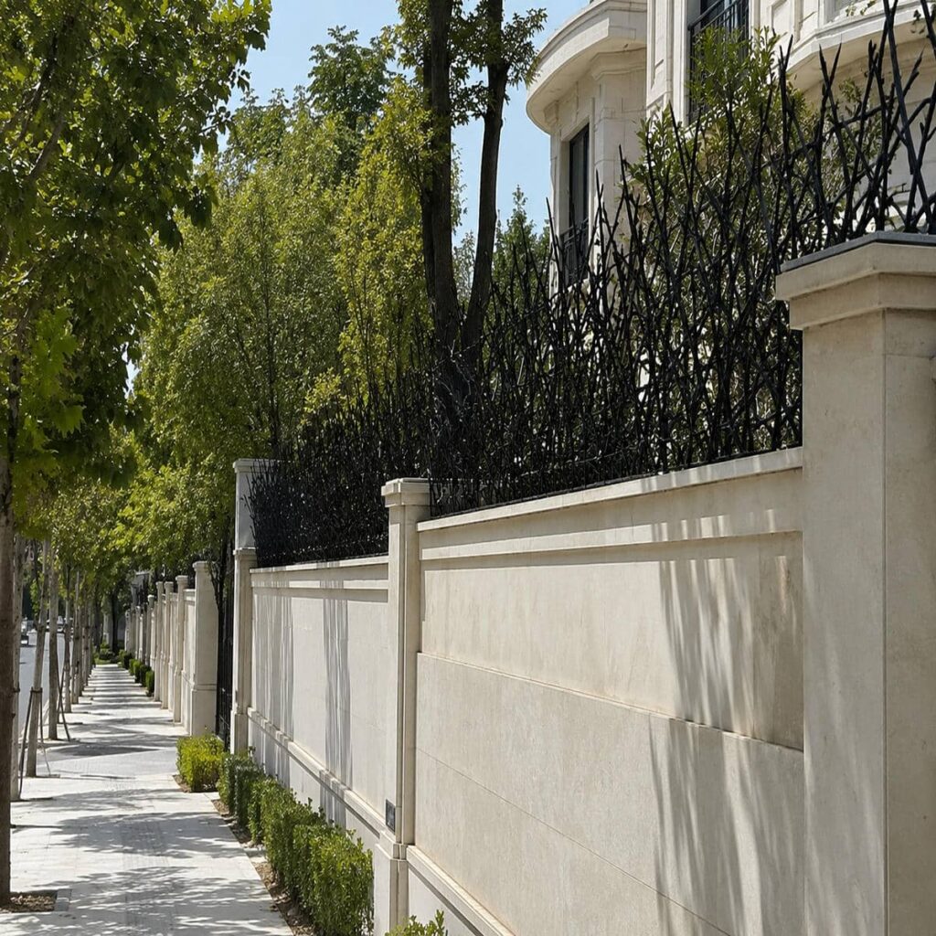 نرده فرفورژه مشکی بر دیوار حیاط ویلایی
